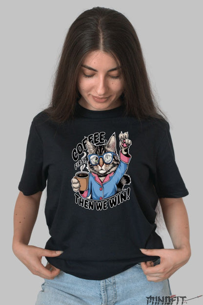 Tricou Pisica "Coffee Power" dama negru fata