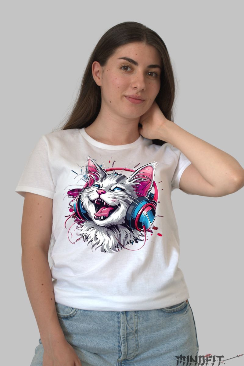 Tricou Pisica Happy dama alb fata