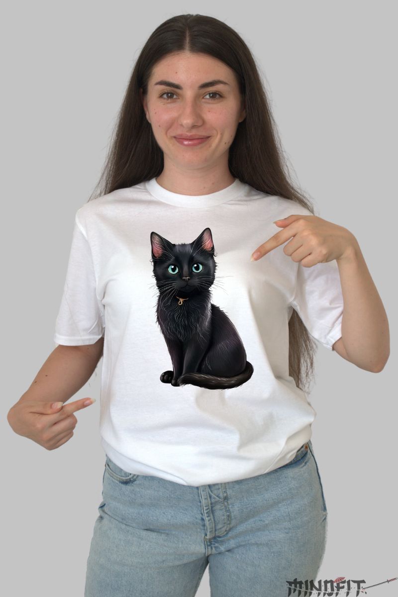 Tricou Pisica Neagra cu Ochi Albastri dama alb fata
