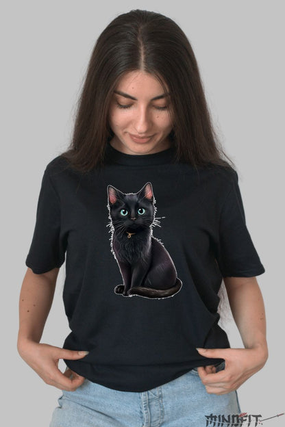 Tricou Pisica Neagra cu Ochi Albastri dama negru fata