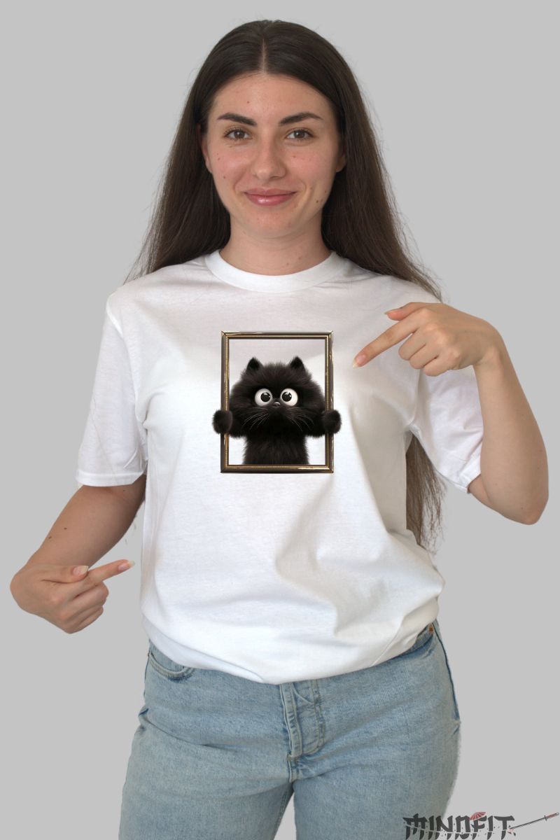 Tricou Pisica Neagra Pufoasa dama alb fata