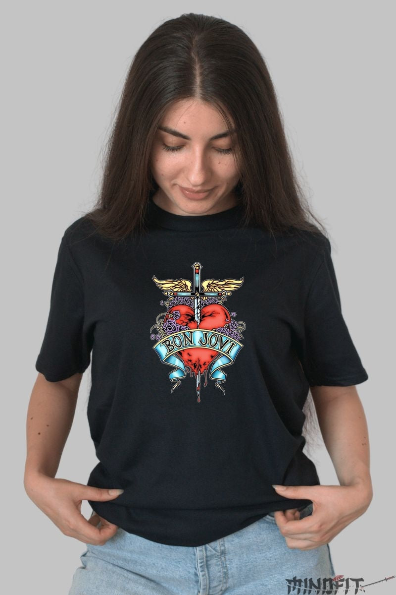 Tricou Rock Bon Jovi Heart Dagger dama negru