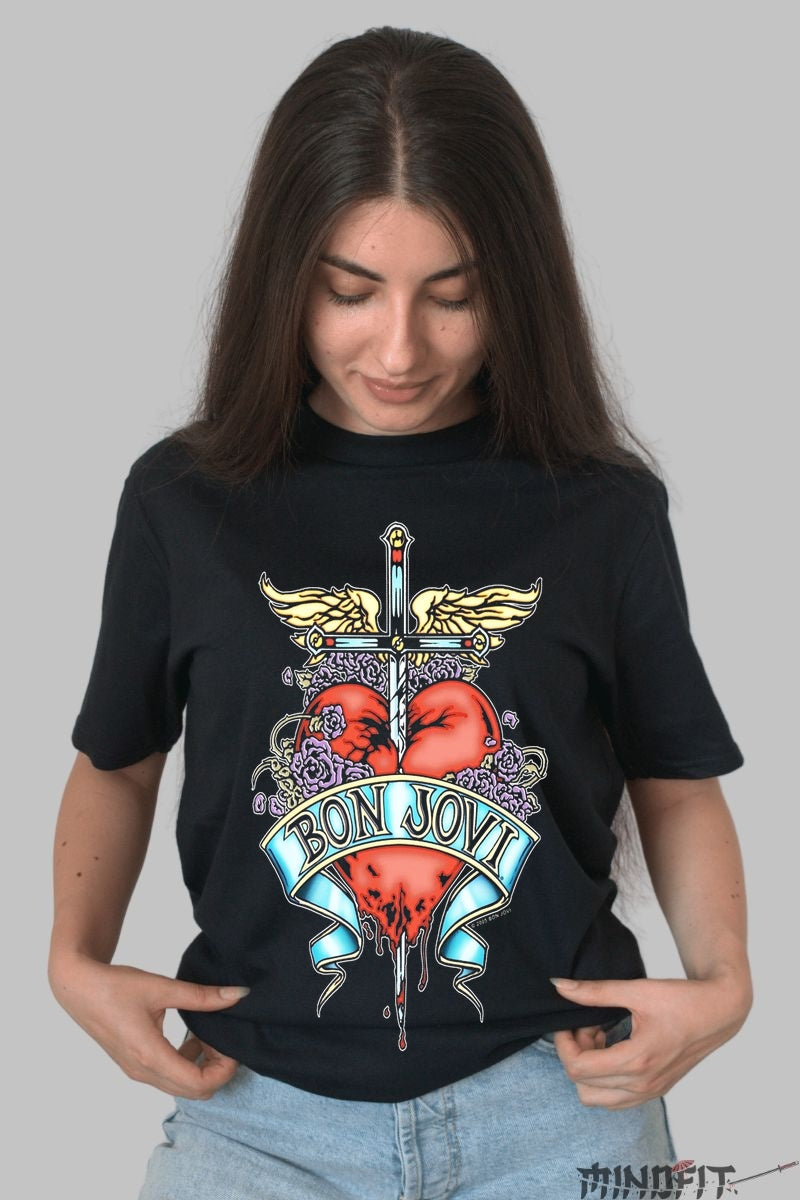Tricou Rock Bon Jovi Heart Roses Iconic dama negru