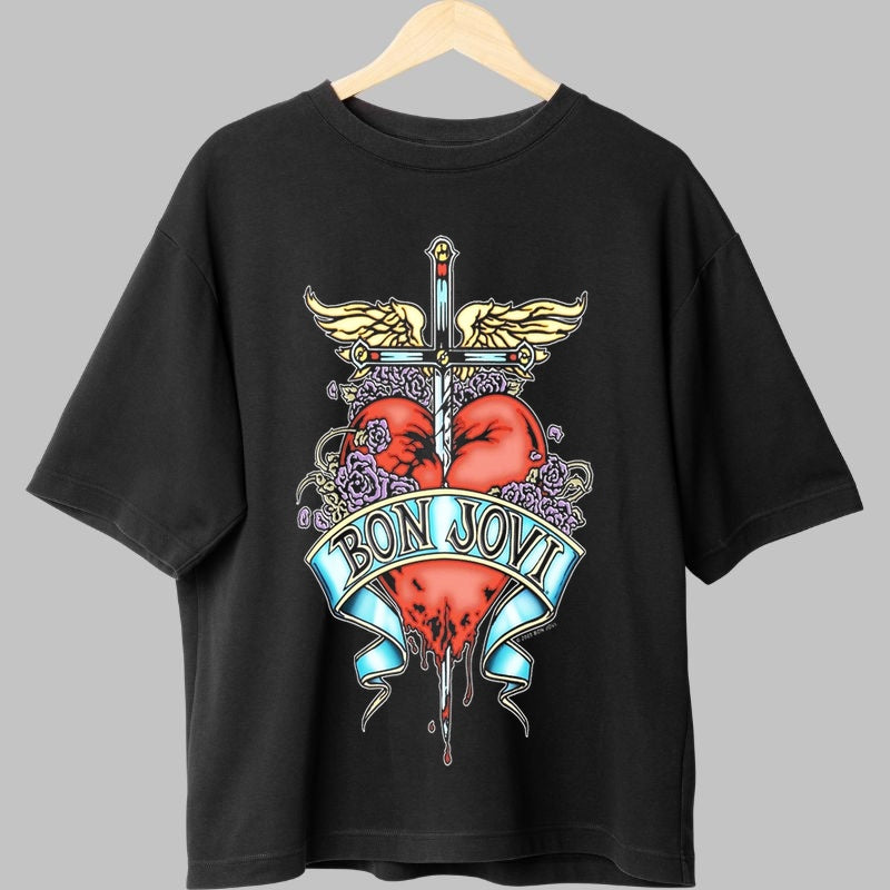 Tricou Rock Bon Jovi Heart Roses Iconic fata negru