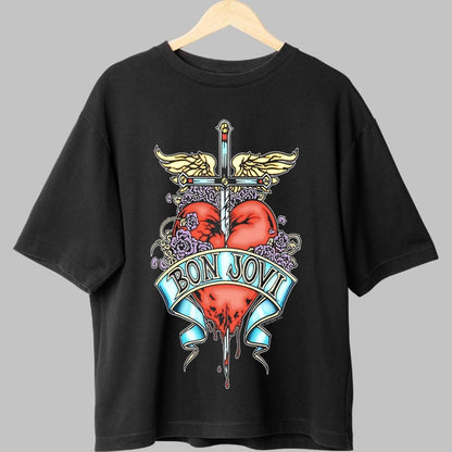 Tricou Rock Bon Jovi Heart Roses Iconic fata negru