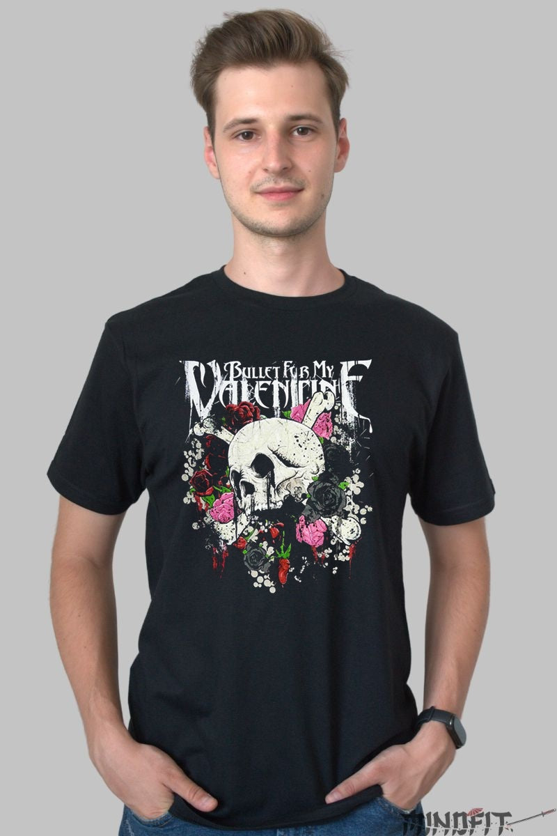 Tricou Rock Bullet For My Valentine Skull Flowers barbat negru