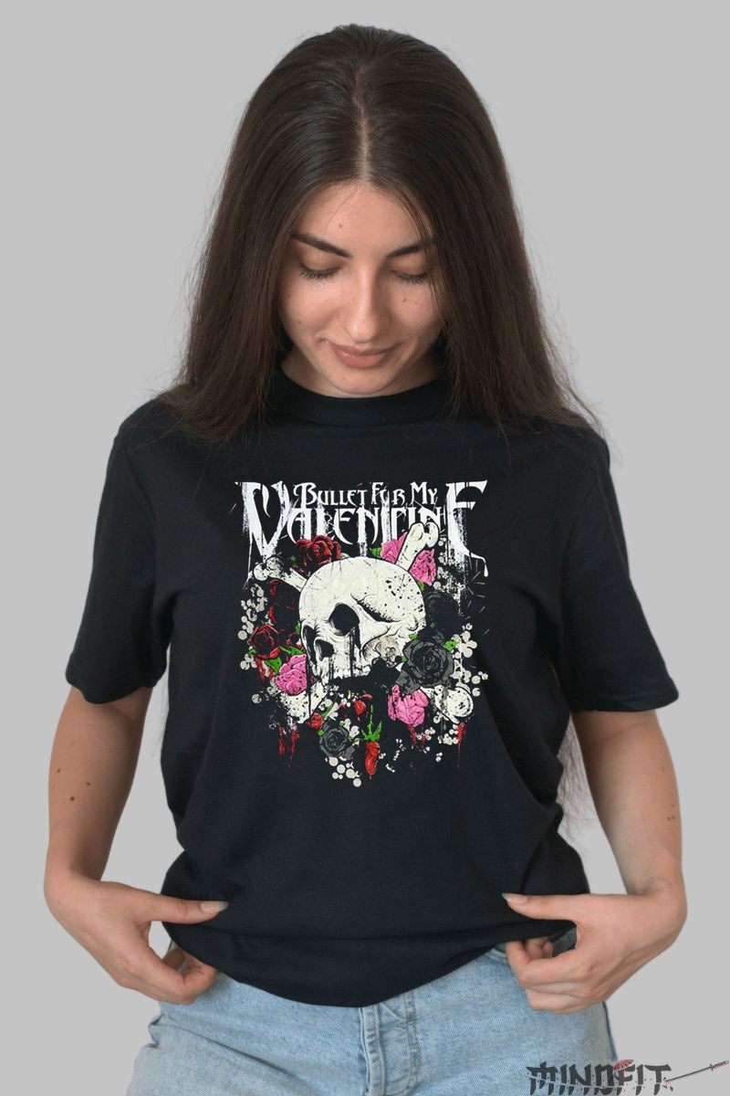 Tricou Rock Bullet For My Valentine Skull Flowers dama negru