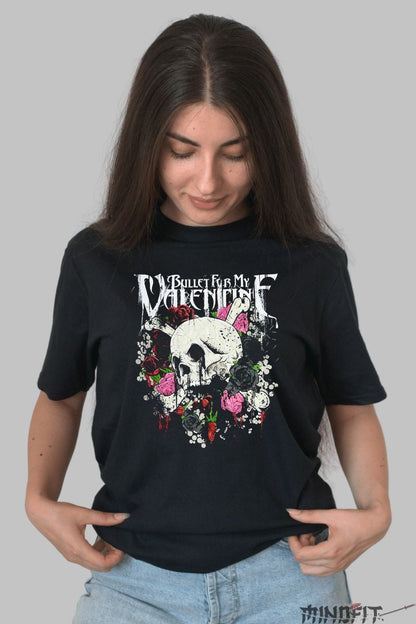 Tricou Rock Bullet For My Valentine Skull Flowers dama negru