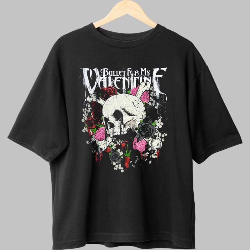 Tricou Rock Bullet For My Valentine Skull Flowers fata negru