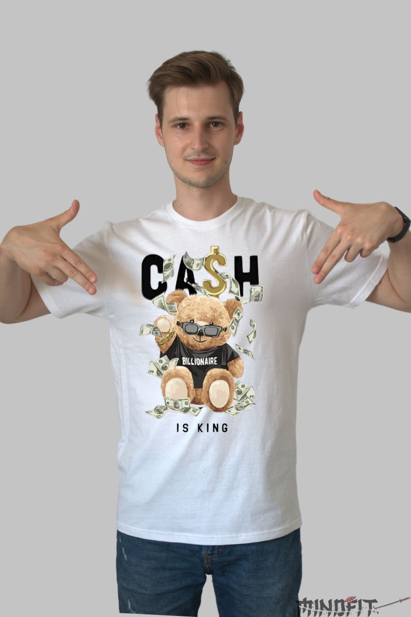 Tricou Ursulet de Plus cu Cash barbat alb fata 1