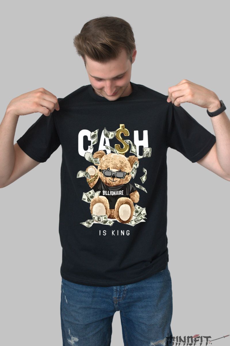 Tricou Ursulet de Plus cu Cash barbat negru fata 1