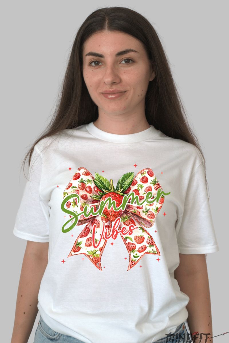 Tricou Vara cu Fundita si Capsuni dama alb fata