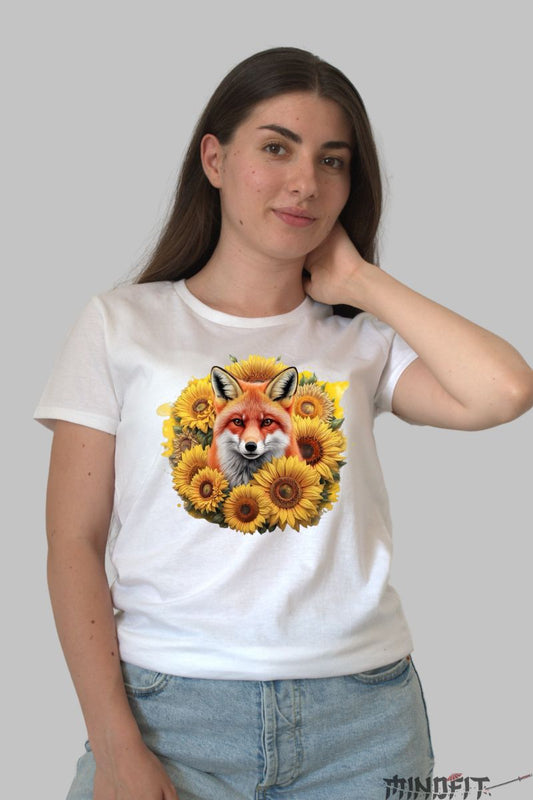Tricou Vulpe si Floarea Soarelui dama alb fata