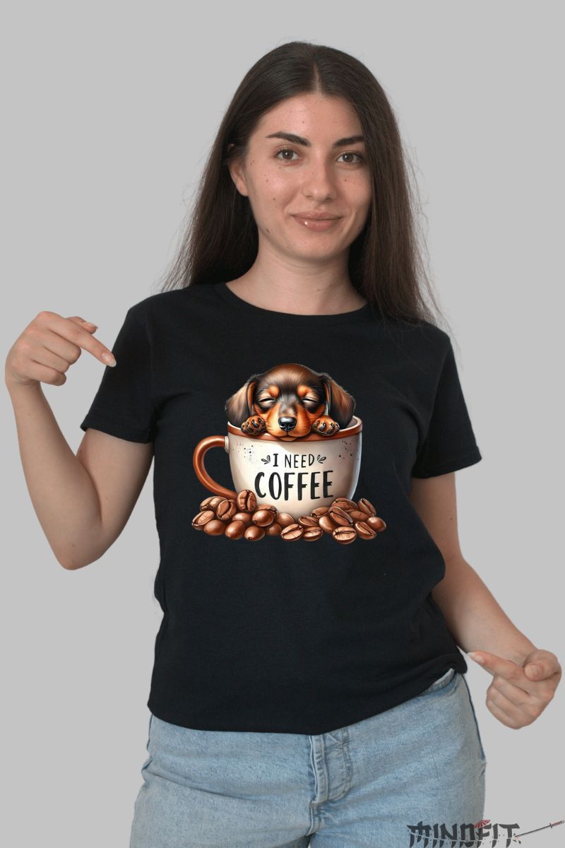 Tricou Caine "I Need Coffee" dama negru fata
