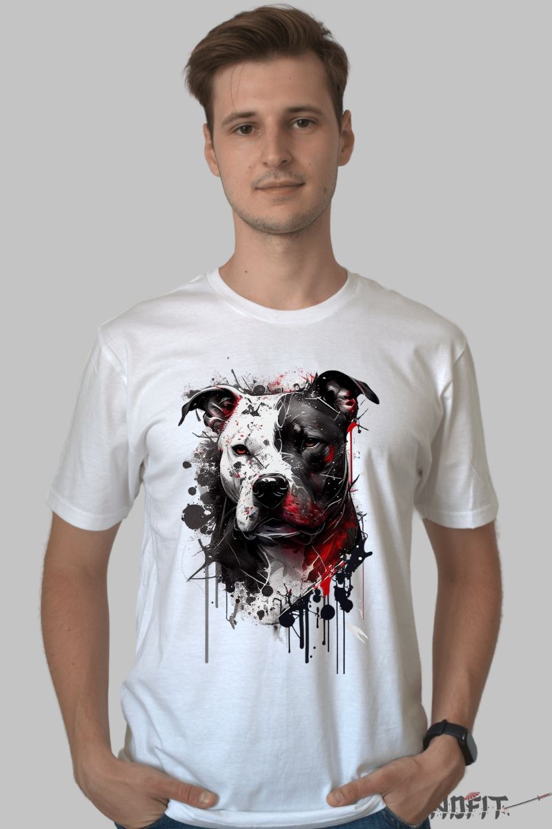 Tricou cu Aplicatii Caine Pit Bull barbat alb fata