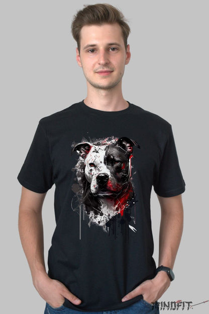 Tricou cu Aplicatii Caine Pit Bull barbat negru fata