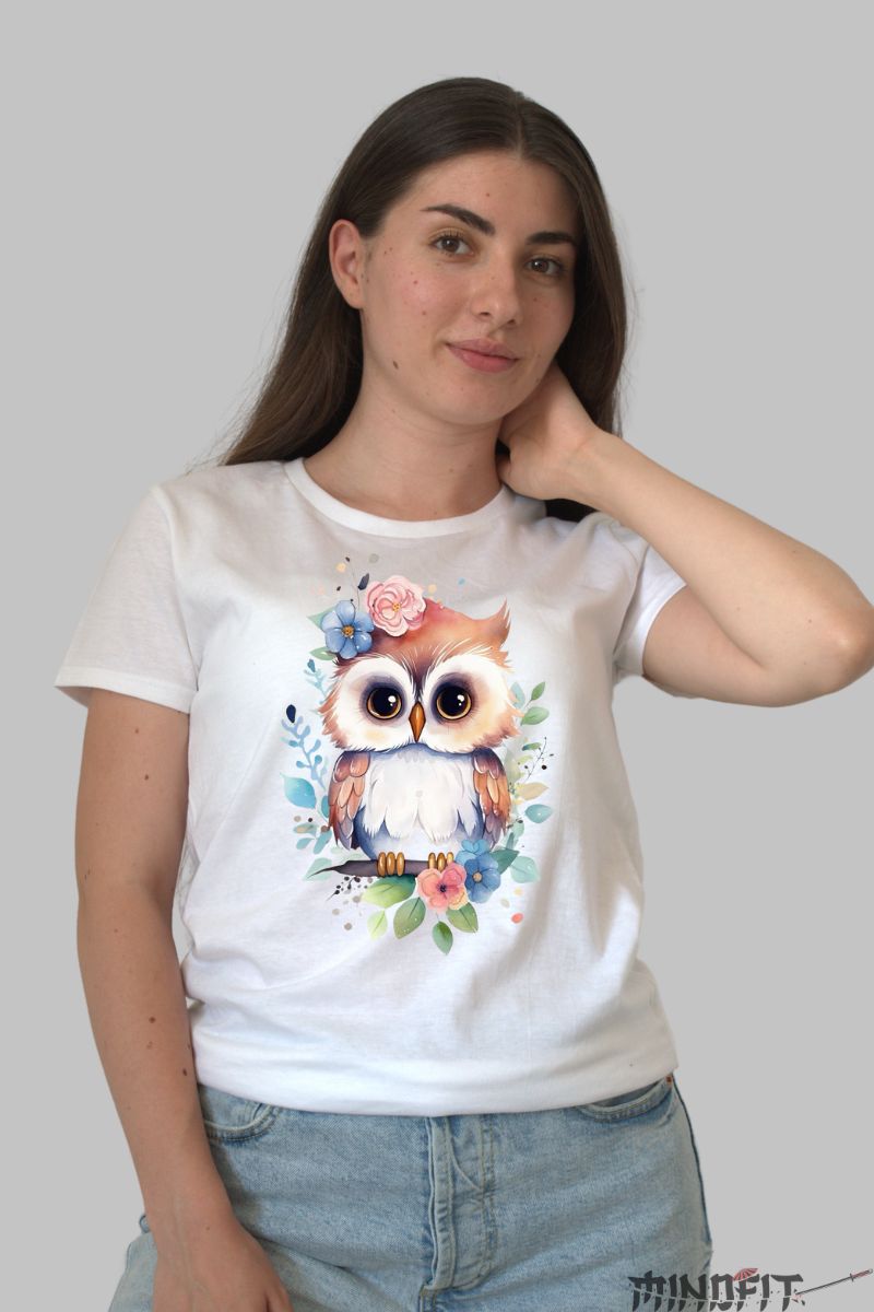 Tricou cu Bufnita Dama Cute dama alb fata