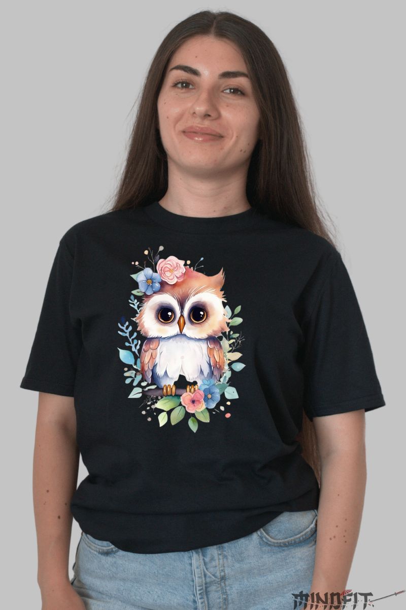 Tricou cu Bufnita Dama Cute dama negru fata