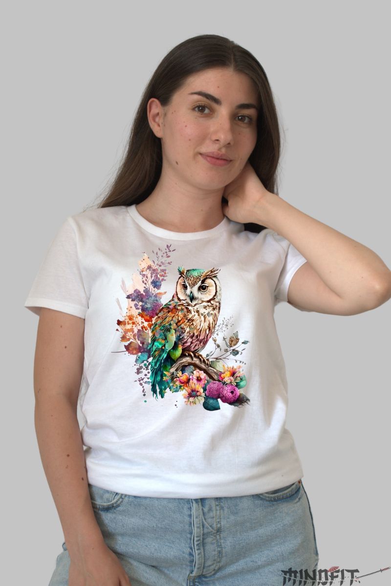 Tricou cu Bufnita Viu Colorat dama alb fata