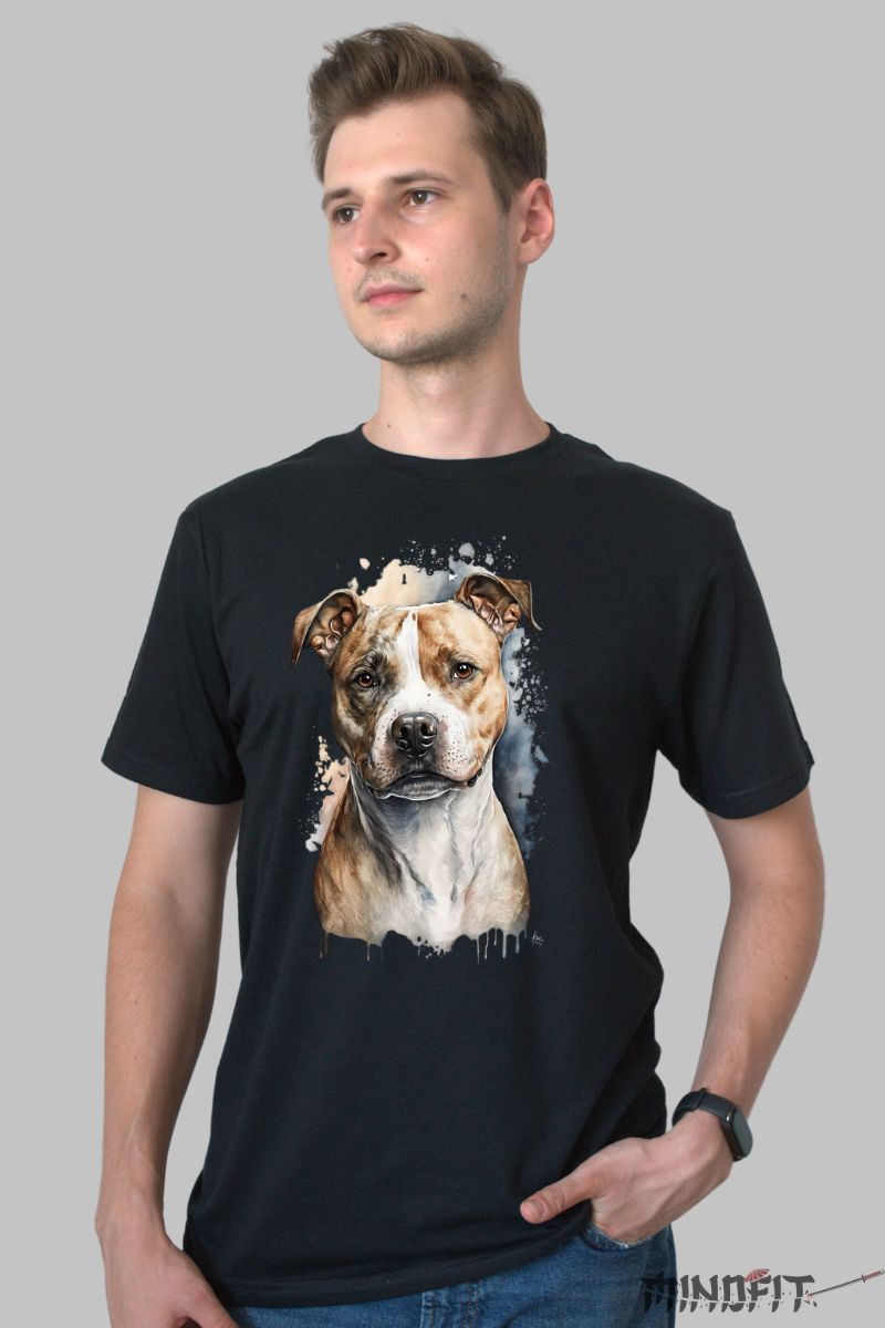 Tricou cu Caine Amstaff Trist barbat negru fata
