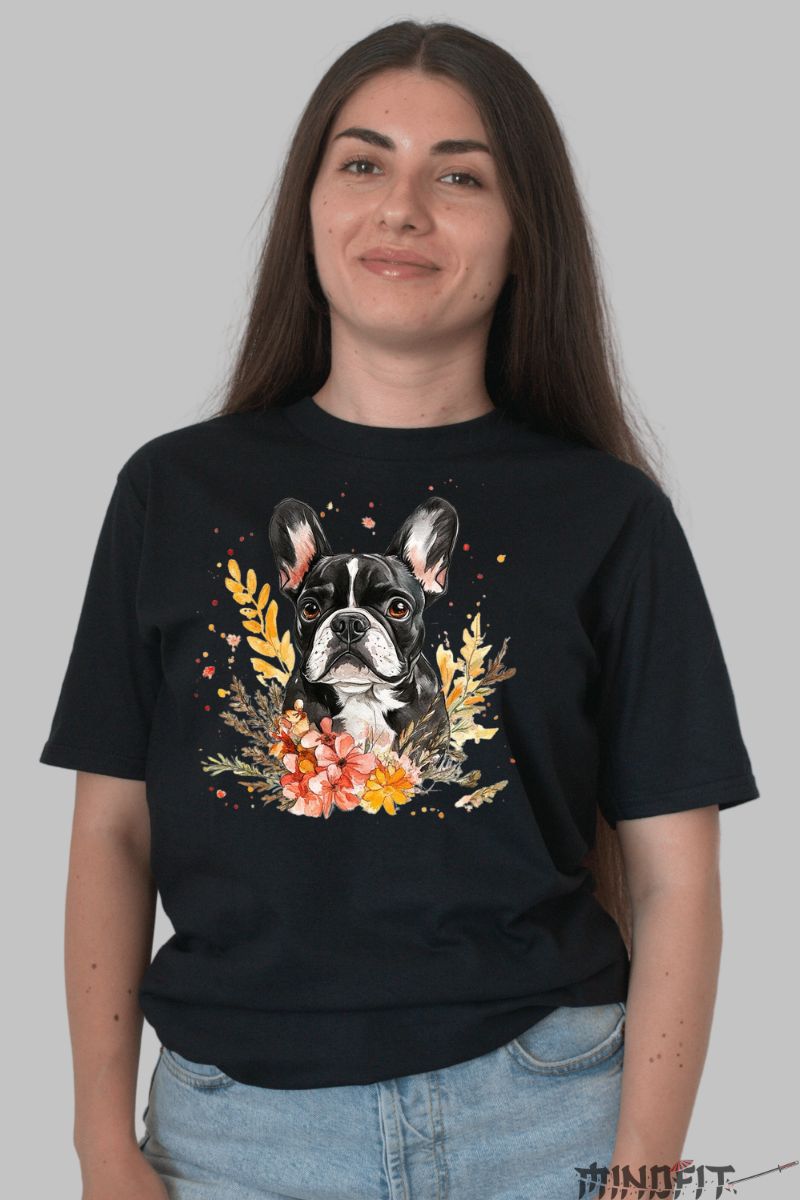 Tricou cu Caine Bulldog Negru dama negru fata