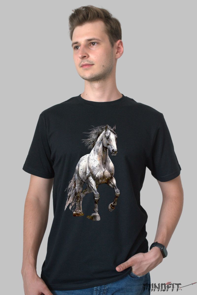Tricou cu Cal Alb Impunator barbat negru fata