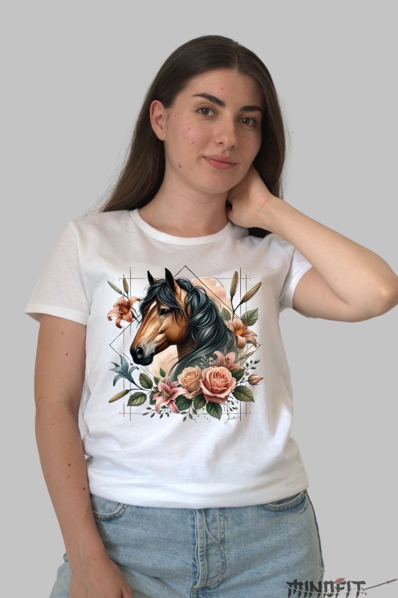 Tricou cu Cal Floral dama alb fata