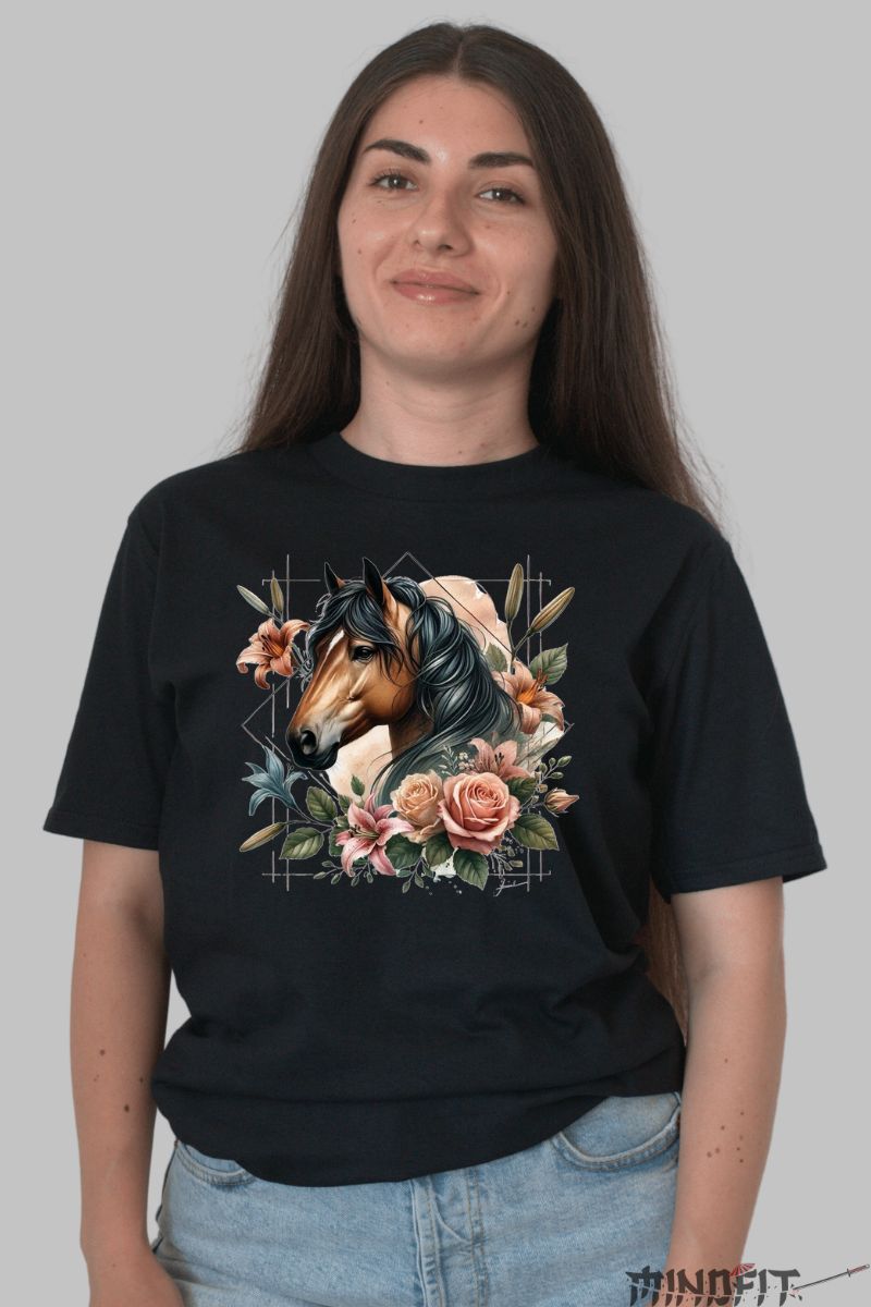 Tricou cu Cal Floral dama negru fata