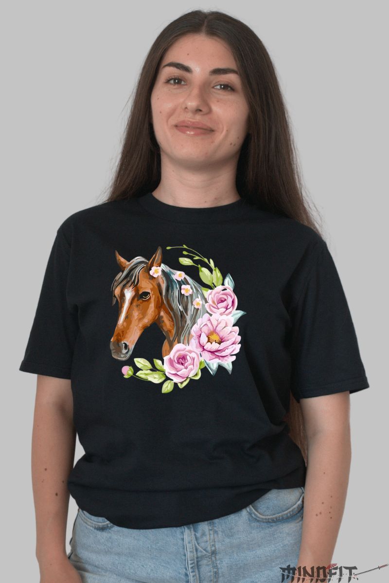 Tricou cu Cal Maro si Flori dama negru fata