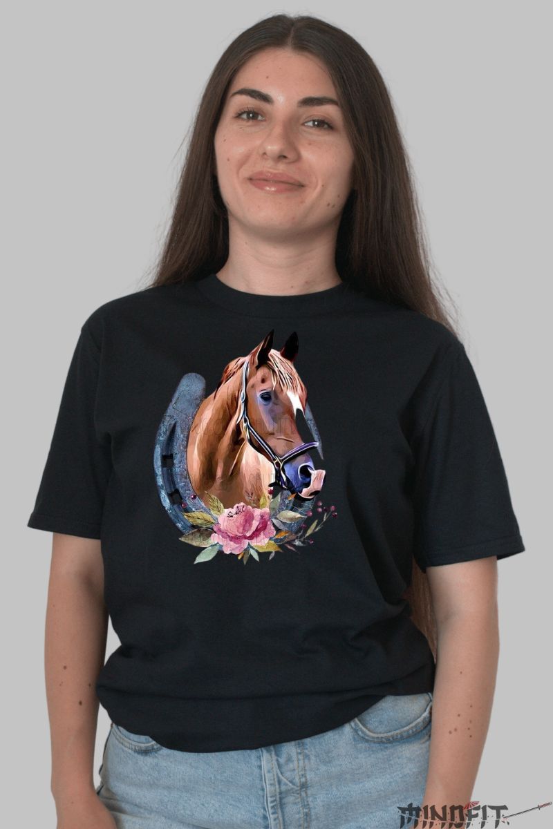 Tricou cu Cal Maro si Potcoava dama negru fata