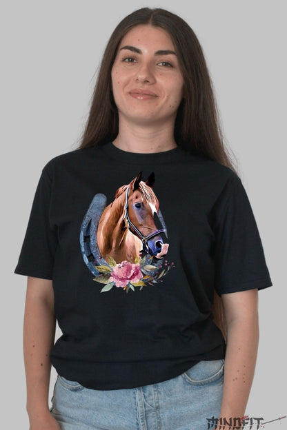Tricou cu Cal Maro si Potcoava dama negru fata