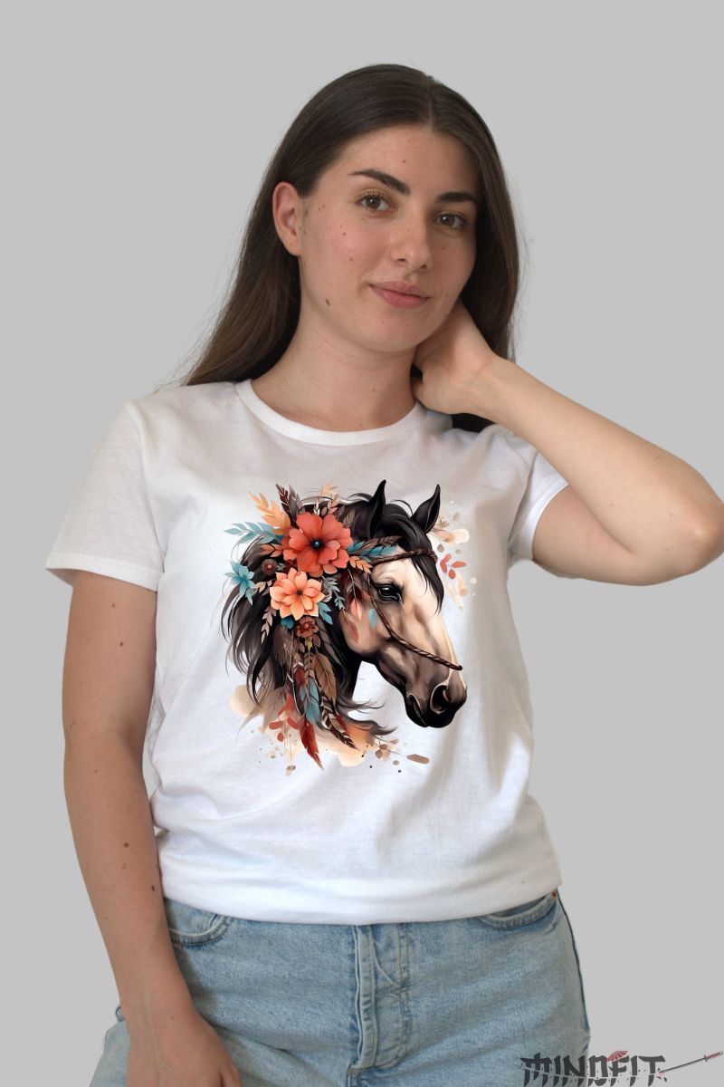 Tricou cu Cal Tribal dama alb fata
