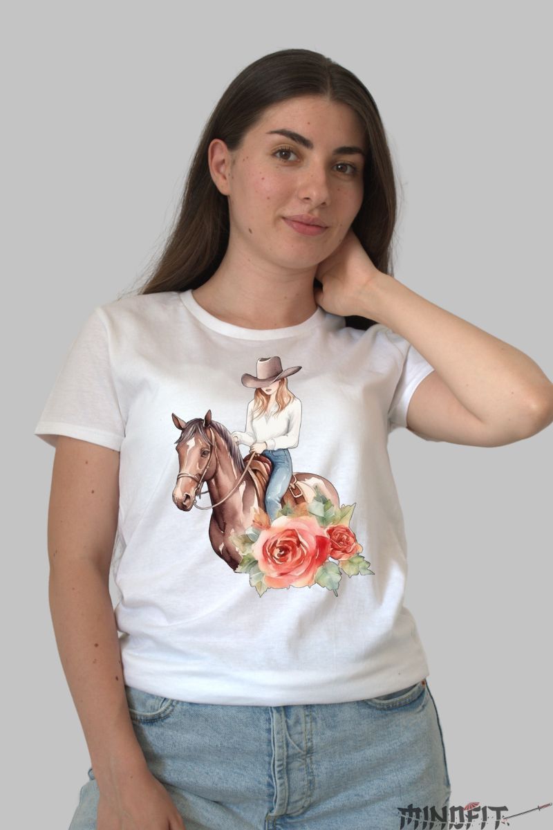 Tricou cu Cal si Calareata dama alb fata