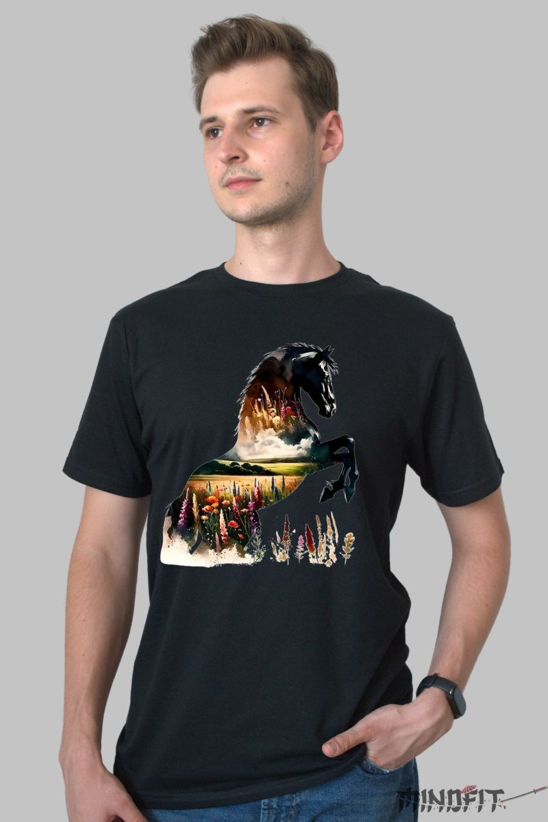 Tricou cu Cal si Natura barbat negru fata