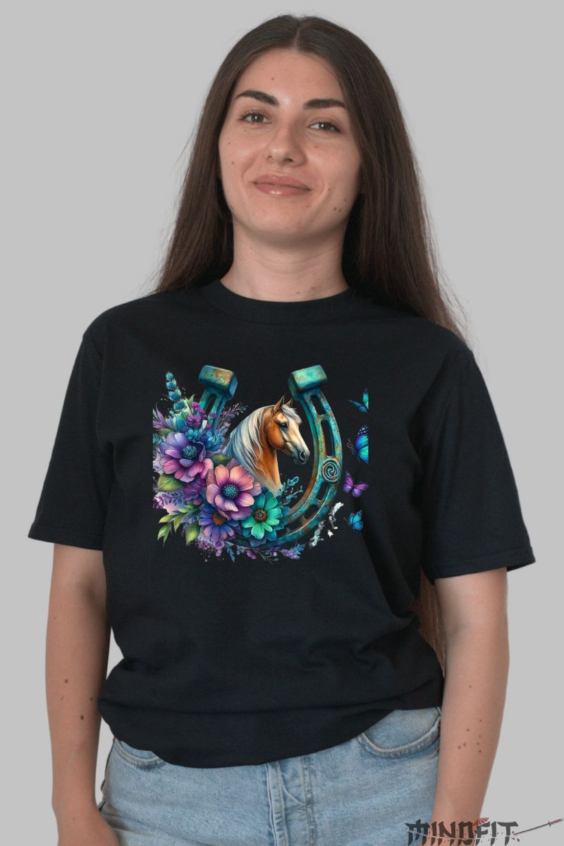 Tricou cu Cal si Potcoava dama negru fata