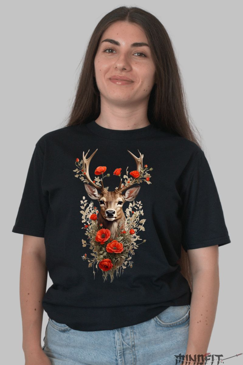 Tricou Natura Cap de Cerb dama negru fata