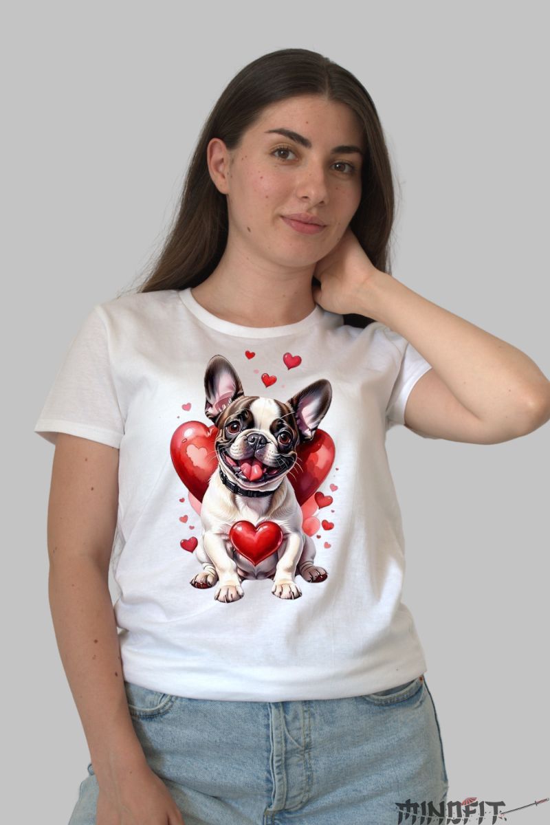 Tricou cu Catel Simpatic si Inimi dama alb fata