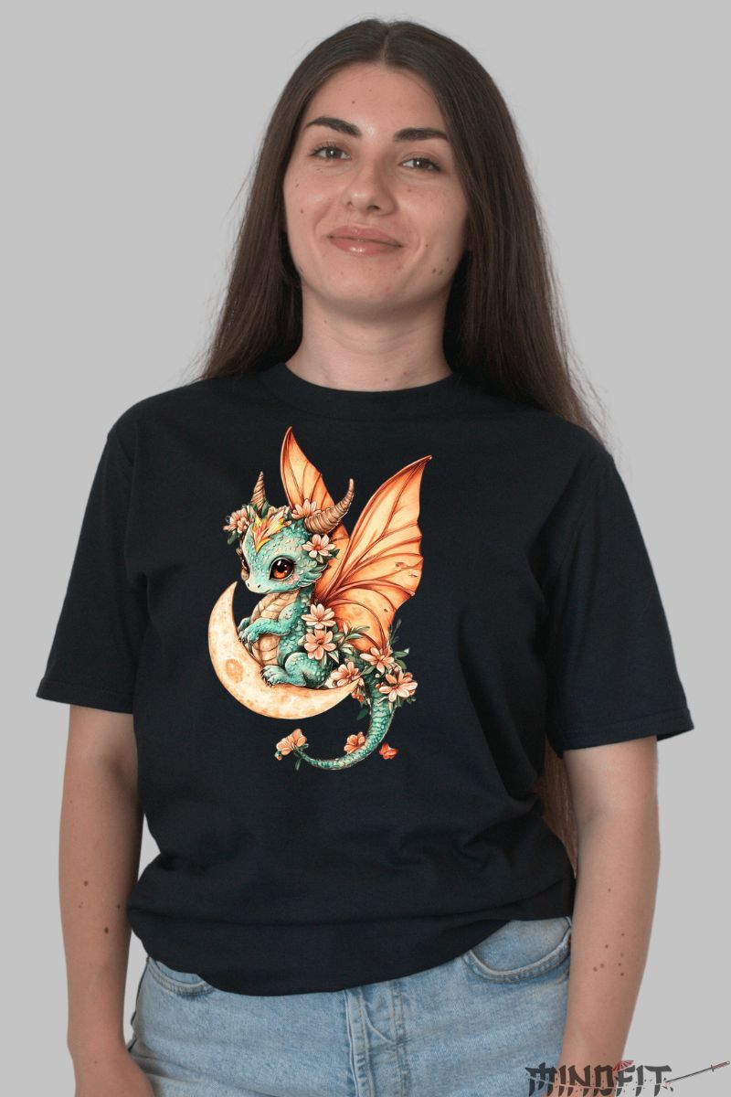 Tricou cu Dragon Cute dama negru fata