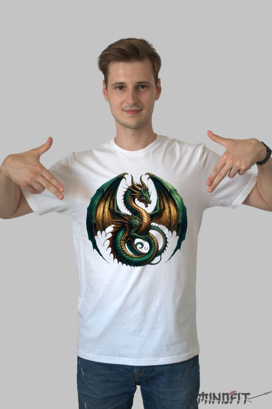 Tricou cu Dragon Verde barbat alb fata