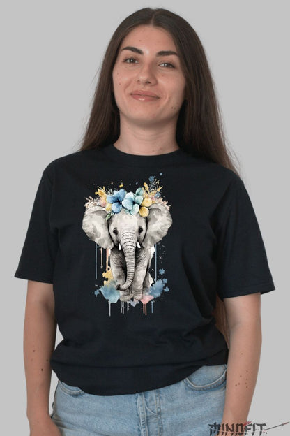 Tricou cu Elefant Cute dama negru fata