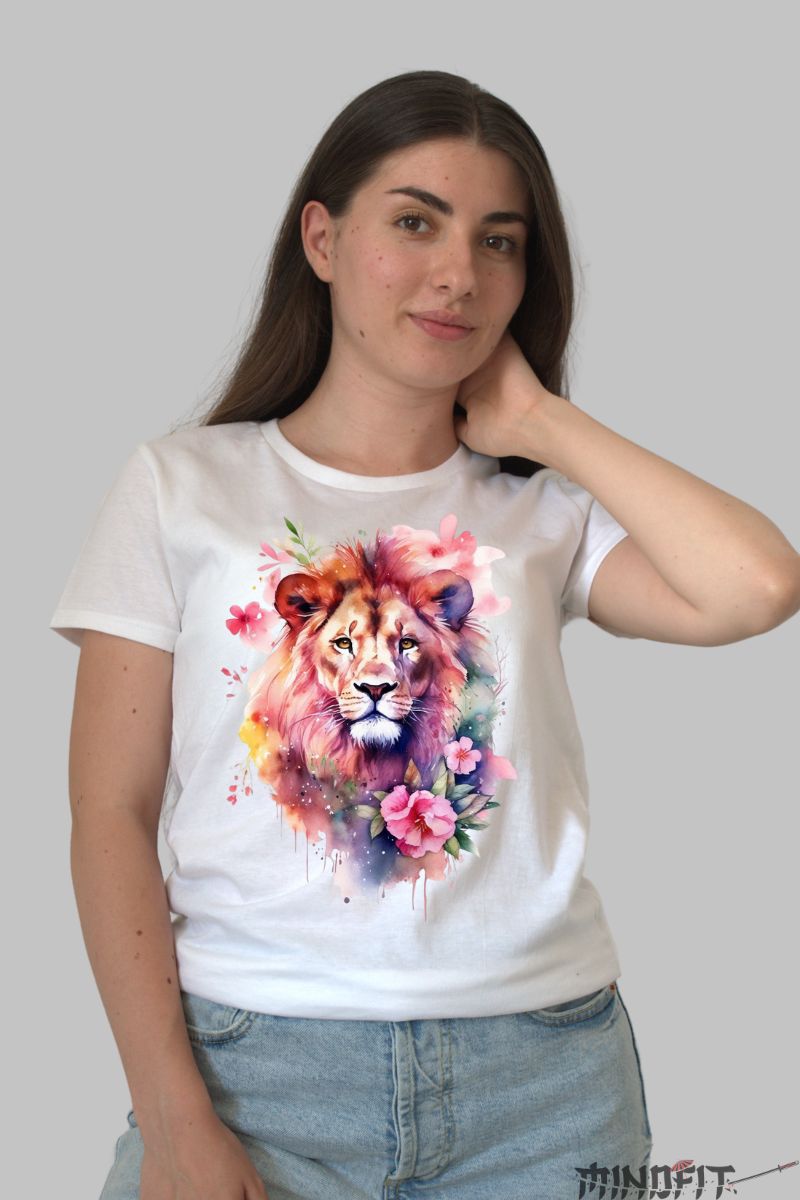 Tricou cu Leu Multicolor dama alb fata
