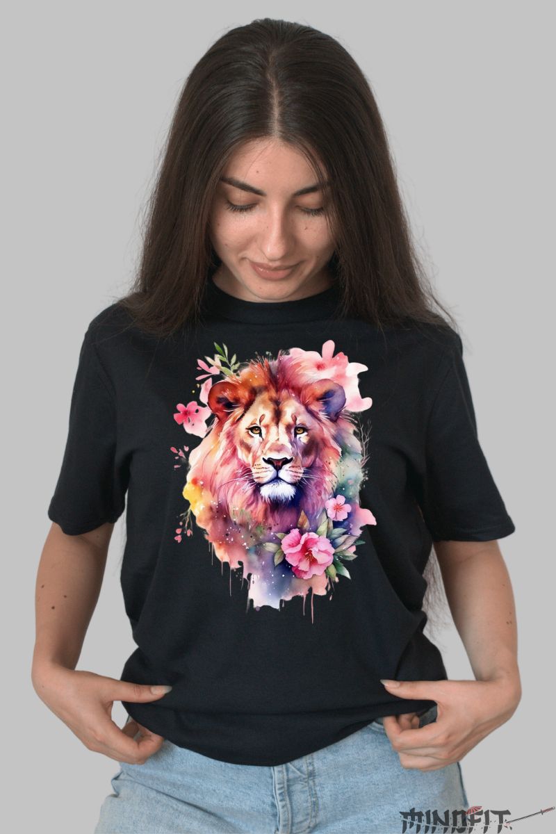 Tricou cu Leu Multicolor dama negru fata