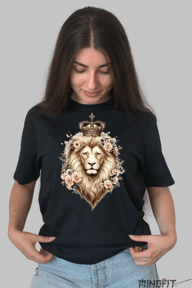 Tricou cu Leu si Coroana dama negru fata