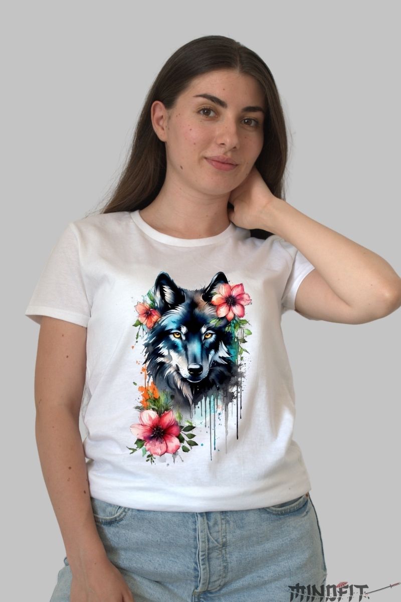Tricou cu Lup si Flori dama alb fata