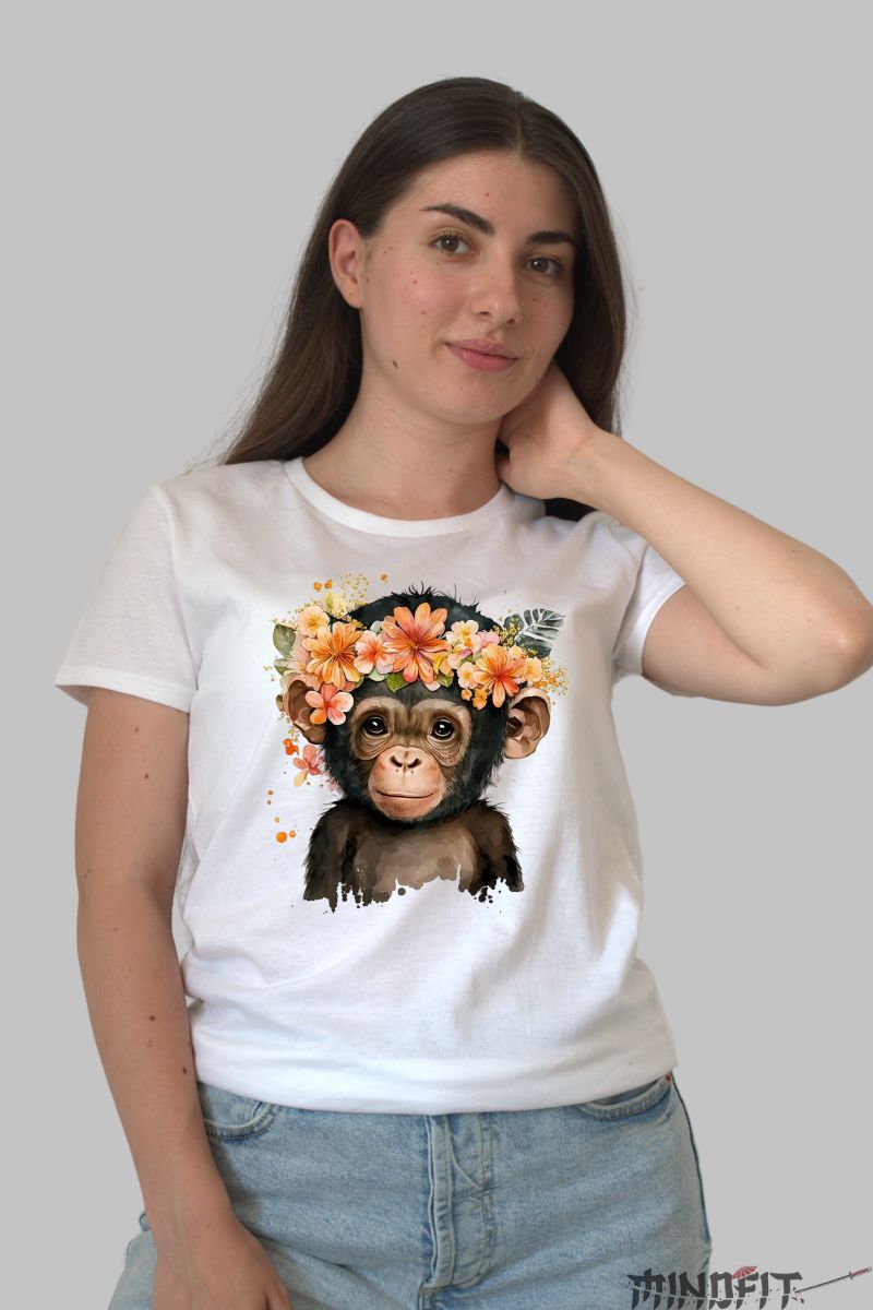 Tricou cu Maimuta Simpatica dama alb fata