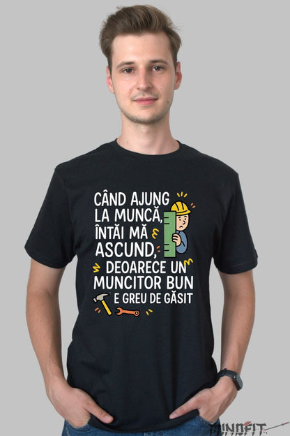 Tricou cu Mesaj Amuzant La Munca barbat negru fata
