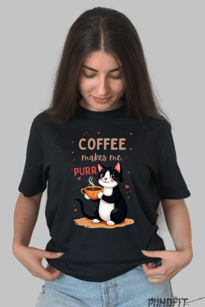 Tricou cu Pisica "Coffee Makes Me Purr" dama negru fata