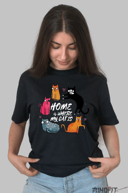 Tricou cu Pisica "Home Is Where My Cat Is" dama negru fata