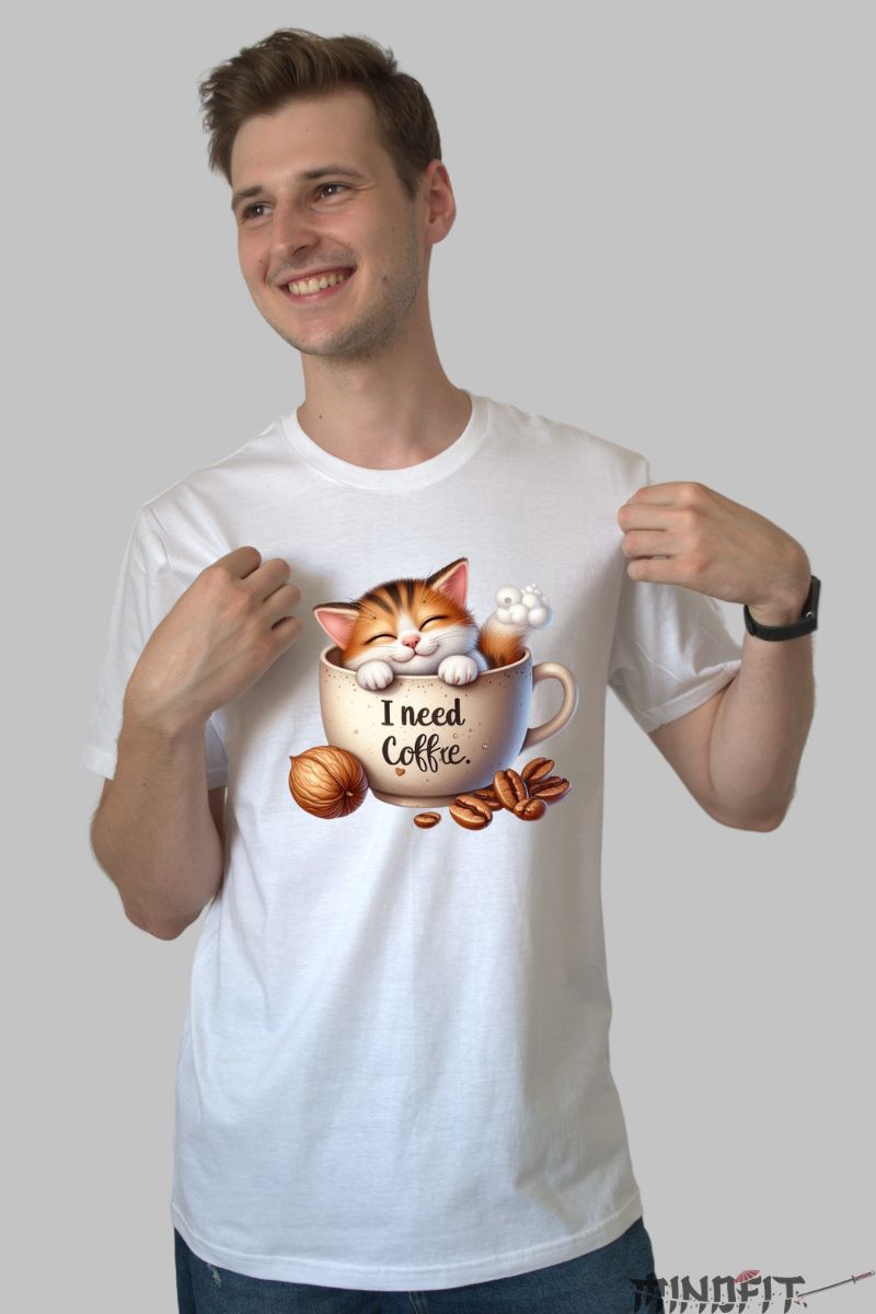 Tricou cu Pisica "I Need Coffee" barbat alb fata