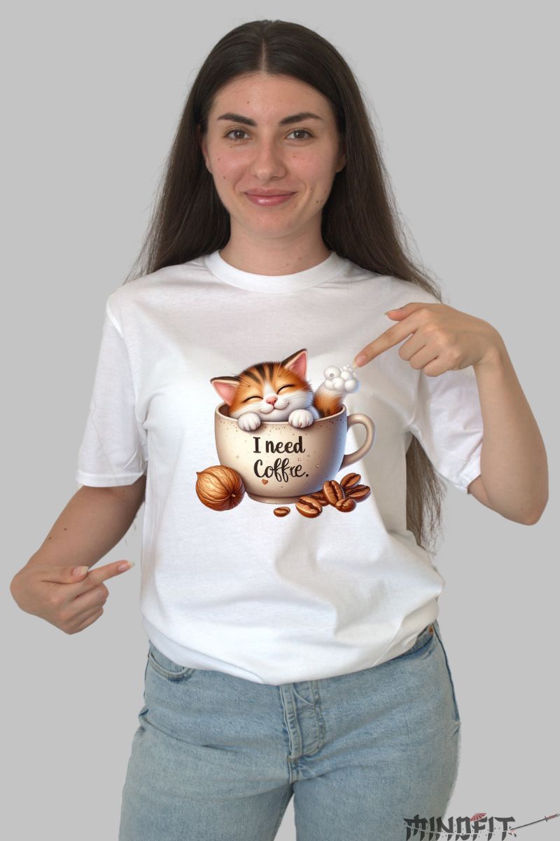 Tricou cu Pisica "I Need Coffe" dama alb fata